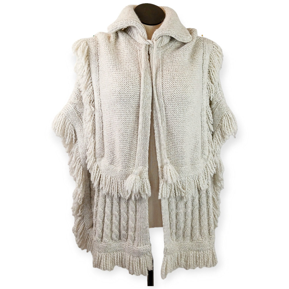Chunky Cable Knit Fringe Hooded Poncho Sweater - Cream